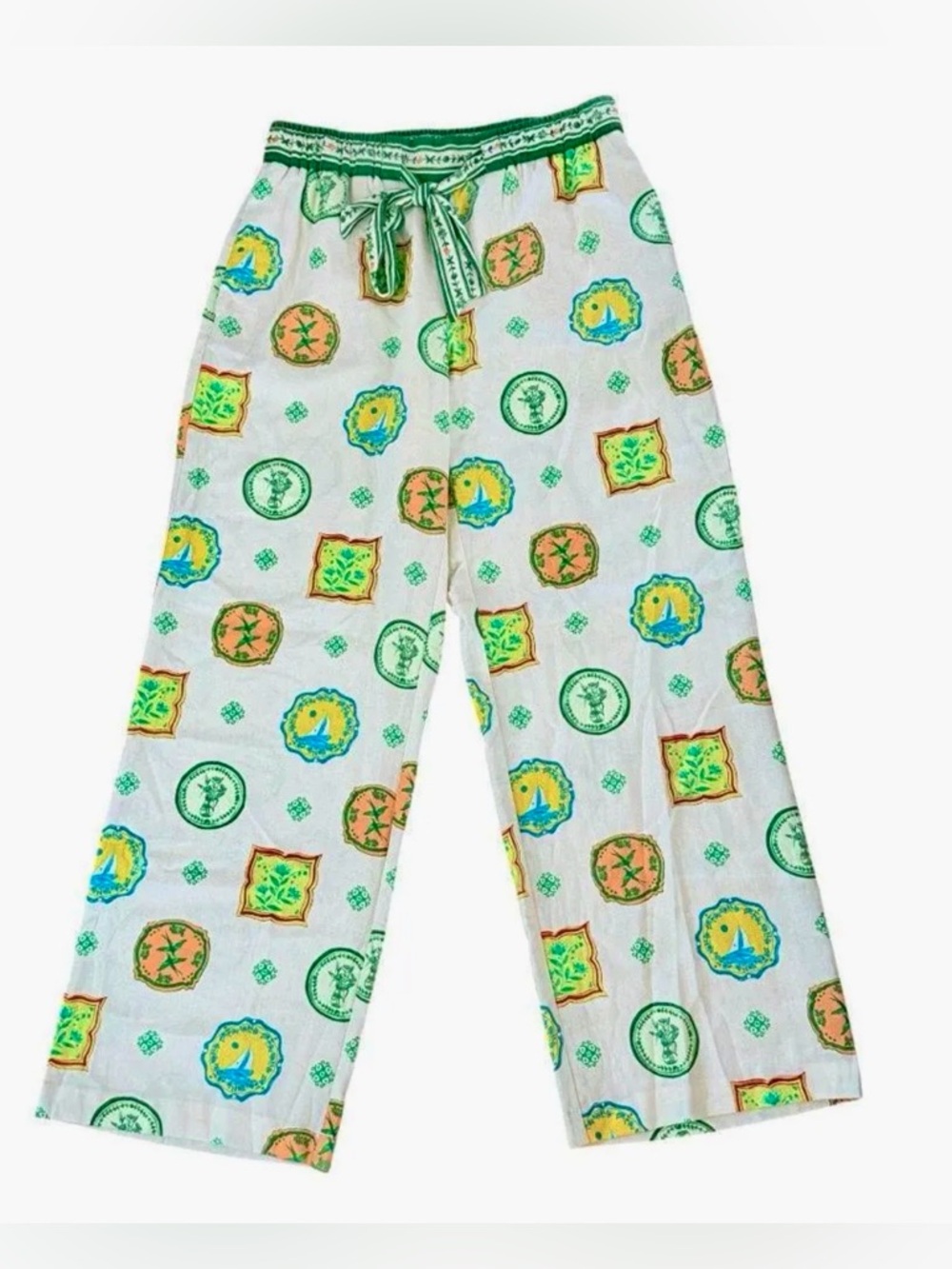 Green Multicolor Wide Leg Lounge Pants with Drawstring Waist